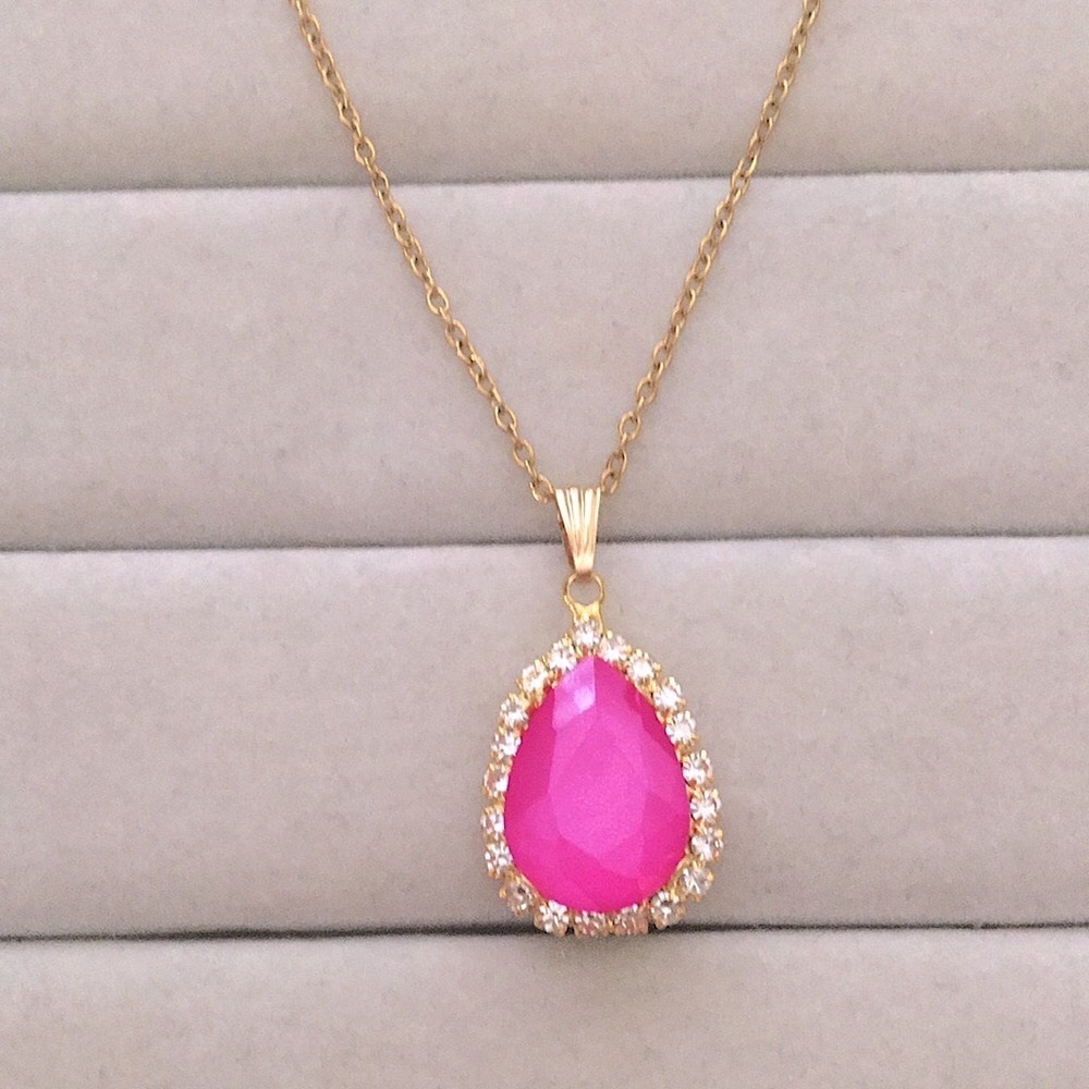 Hot Pink + Gold Crystal Halo Pear Drop Pendant Necklace - Picture 8 of 12